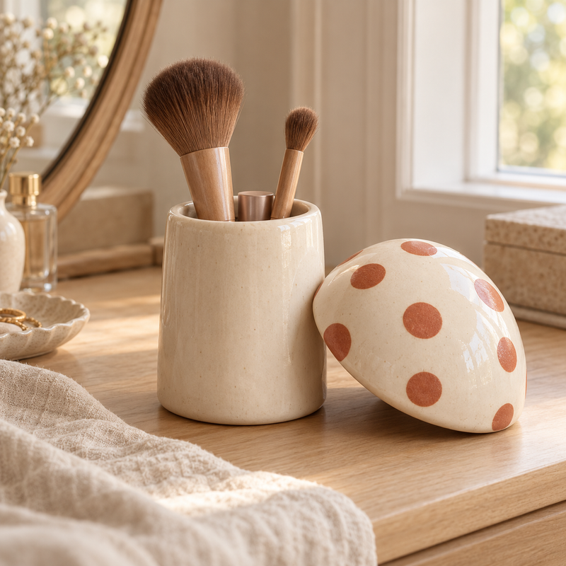 Organizador de maquillaje de cerámica con forma de hongo
